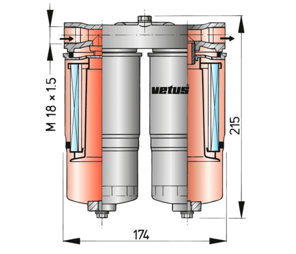 Vetus filtro de combustible, separador de agua 720 l/h